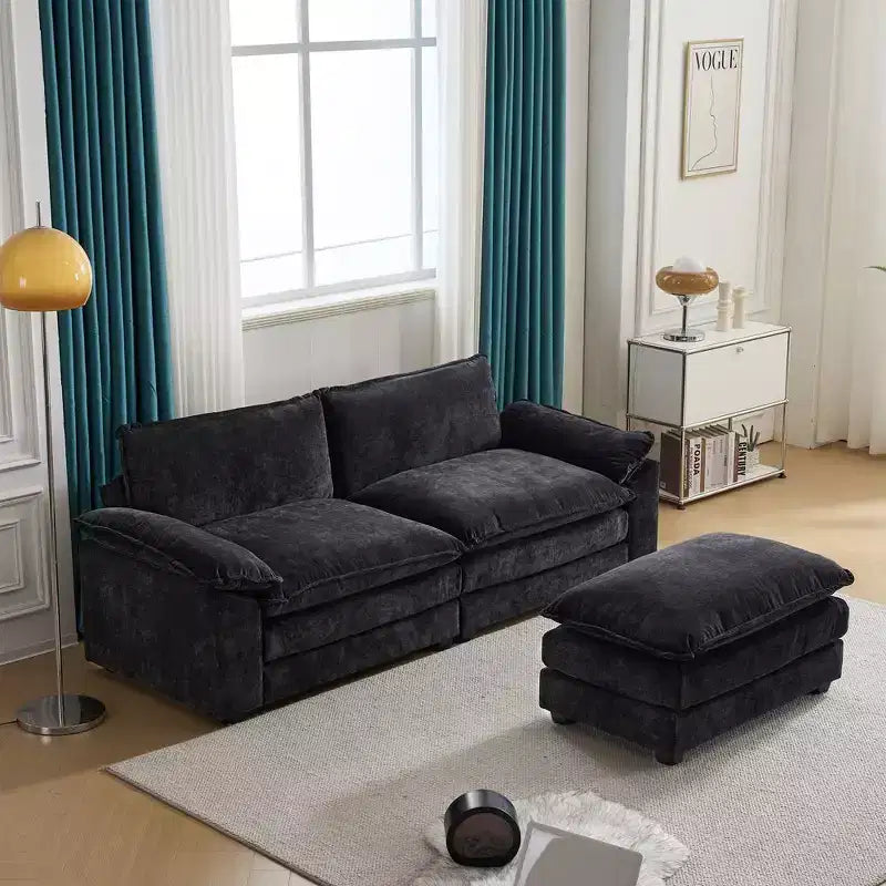 Canapé en chenille bleu Karl Home | 85,4 po L avec accoudoirs, coussin double-couche surpiqué et pouf