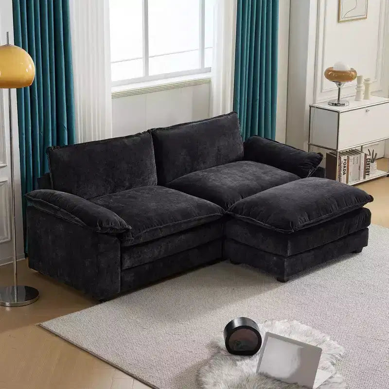 Karl Home |85.4 in. W Pillow Top Arm Double-layer Cushion Chenille Sofa in Blue With Ottoman