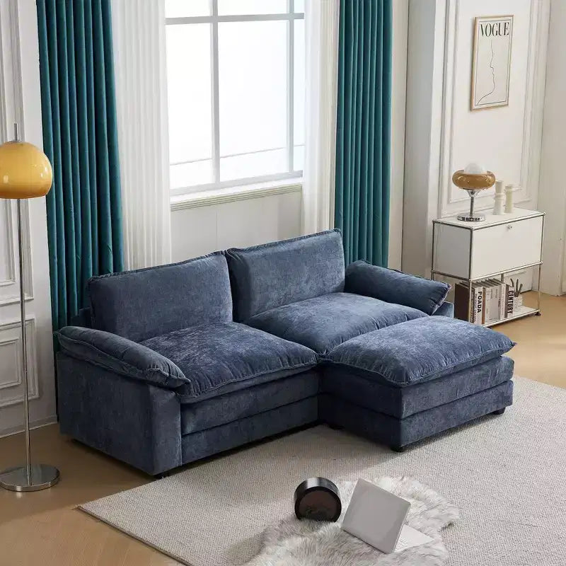 Karl Home |85.4 in. W Pillow Top Arm Double-layer Cushion Chenille Sofa in Blue With Ottoman