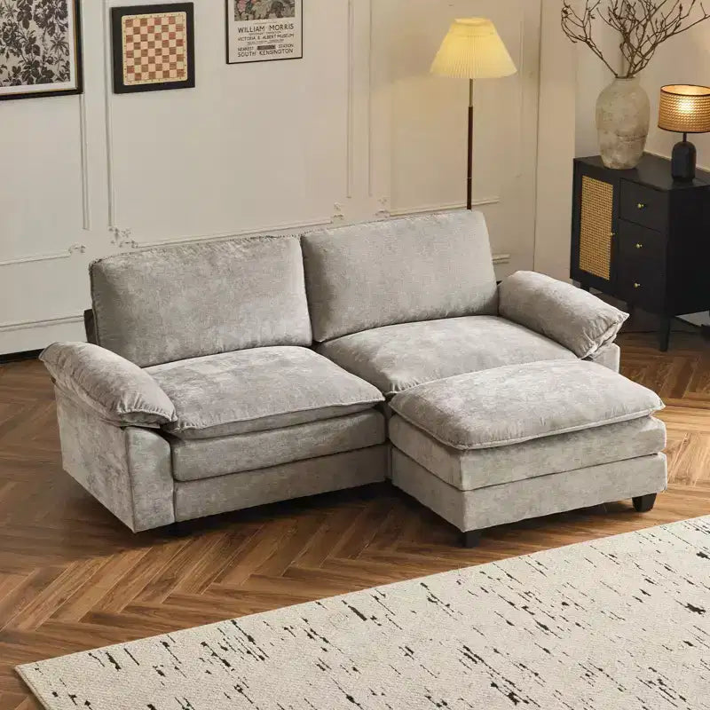 Karl Home |85.4 in. W Pillow Top Arm Double-layer Cushion Chenille Sofa in Blue With Ottoman