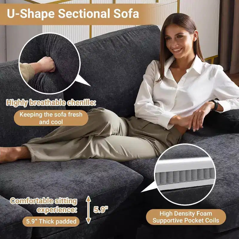 Karl Home |111.2 in. W Pillow Top Arm 3-Piece U-shaped Chenille Sectionals in Beige