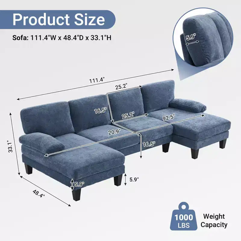Karl Home |111.2 in. W Pillow Top Arm 3-Piece U-shaped Chenille Sectionals in Beige