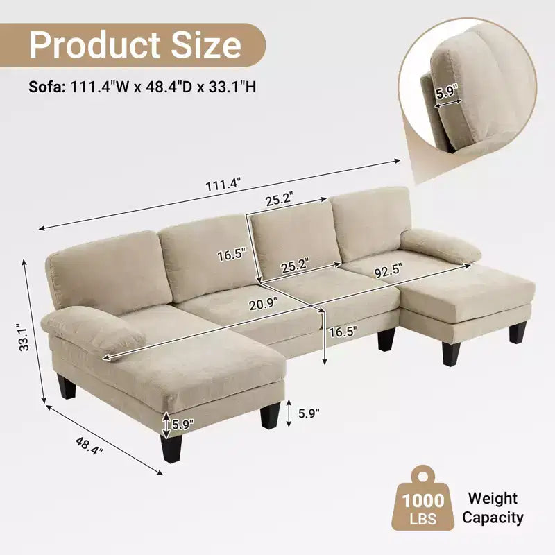 Karl Home |111.2 in. W Pillow Top Arm 3-Piece U-shaped Chenille Sectionals in Beige