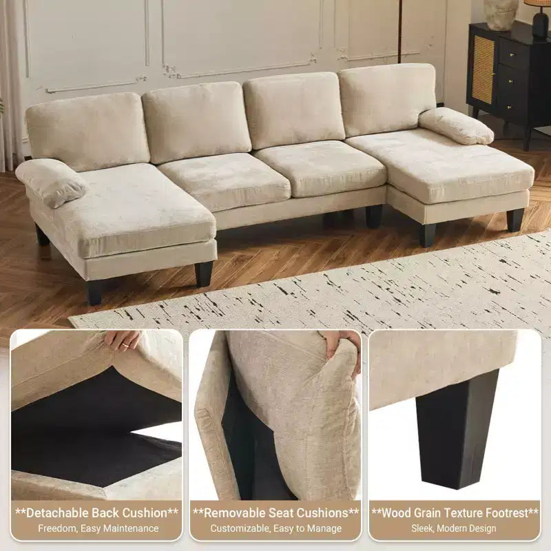 Karl Home |111.2 in. W Pillow Top Arm 3-Piece U-shaped Chenille Sectionals in Beige