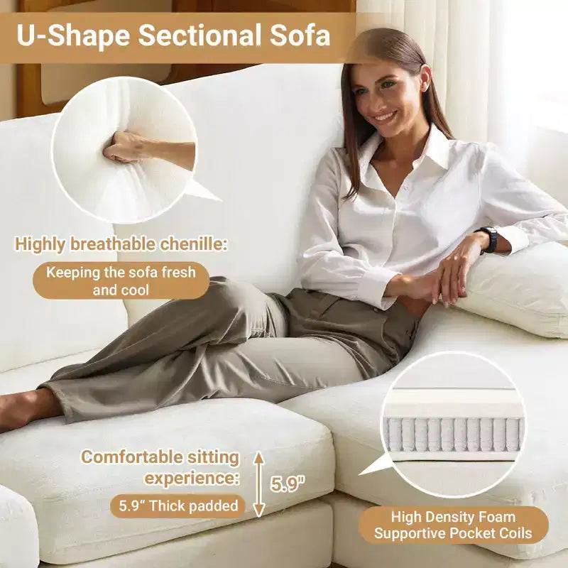 Karl Home |111.2 in. W Pillow Top Arm 3-Piece U-shaped Chenille Sectionals in Beige