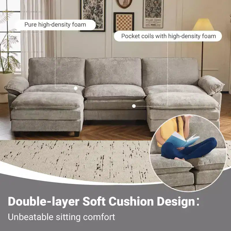 Karl Home | Canapé en chenille bleu avec ottomane, accoudoirs rembourrés et coussin double épaisseur de 305 cm de large