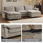 Karl Home | Canapé en chenille bleu avec ottomane, accoudoirs rembourrés et coussin double épaisseur de 305 cm de large