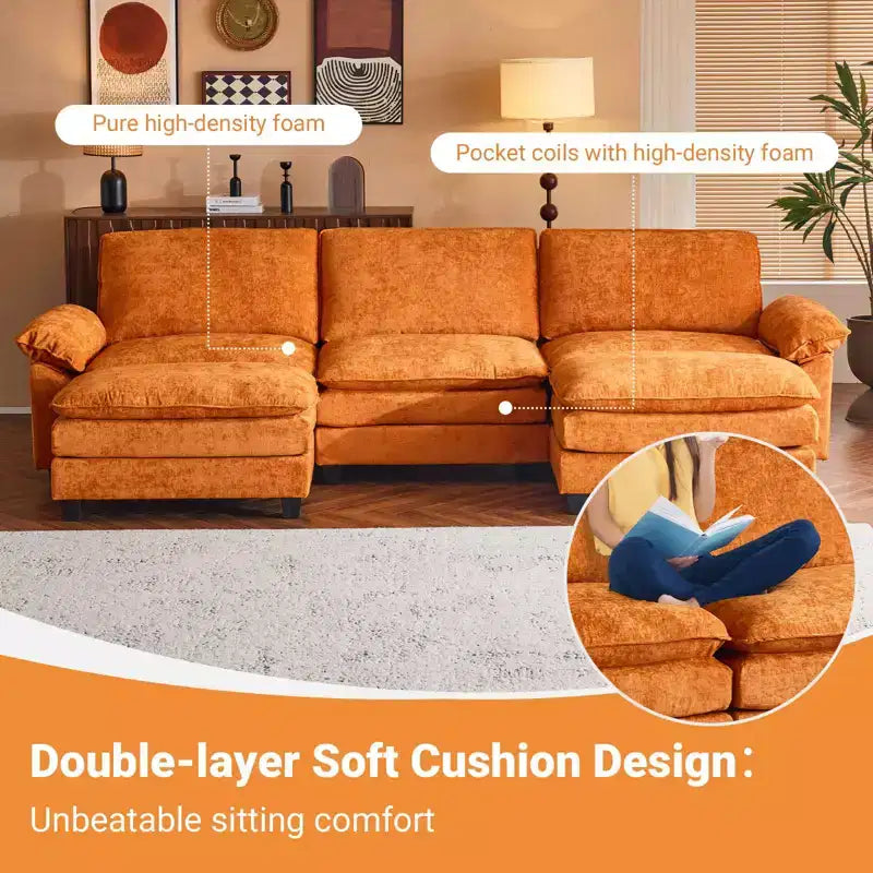 Karl Home | Canapé en chenille bleu avec ottomane, accoudoirs rembourrés et coussin double épaisseur de 305 cm de large