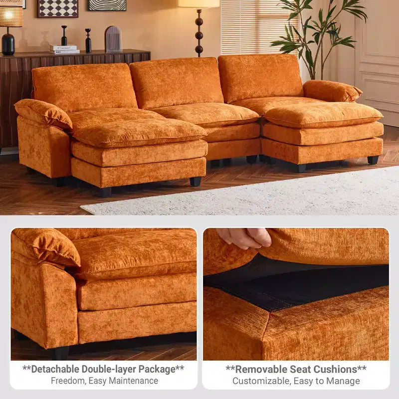 Karl Home | Canapé en chenille bleu avec ottomane, accoudoirs rembourrés et coussin double épaisseur de 305 cm de large