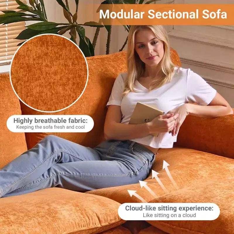 Karl Home | Canapé en chenille bleu avec ottomane, accoudoirs rembourrés et coussin double épaisseur de 305 cm de large