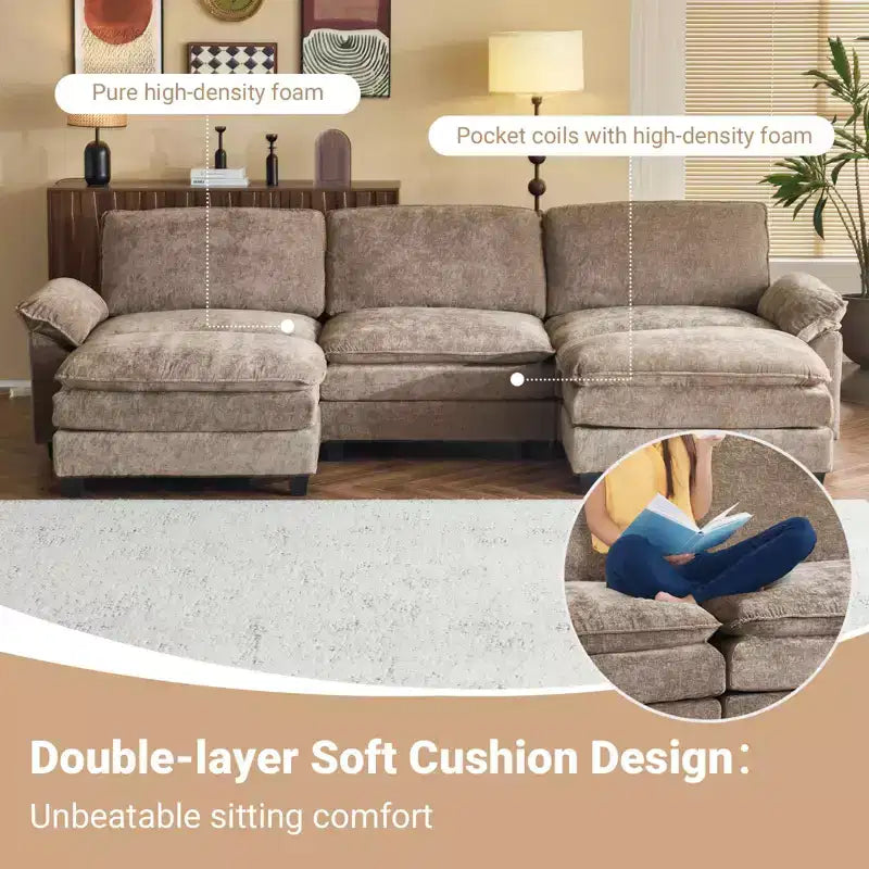 Karl Home | Canapé en chenille bleu avec ottomane, accoudoirs rembourrés et coussin double épaisseur de 305 cm de large