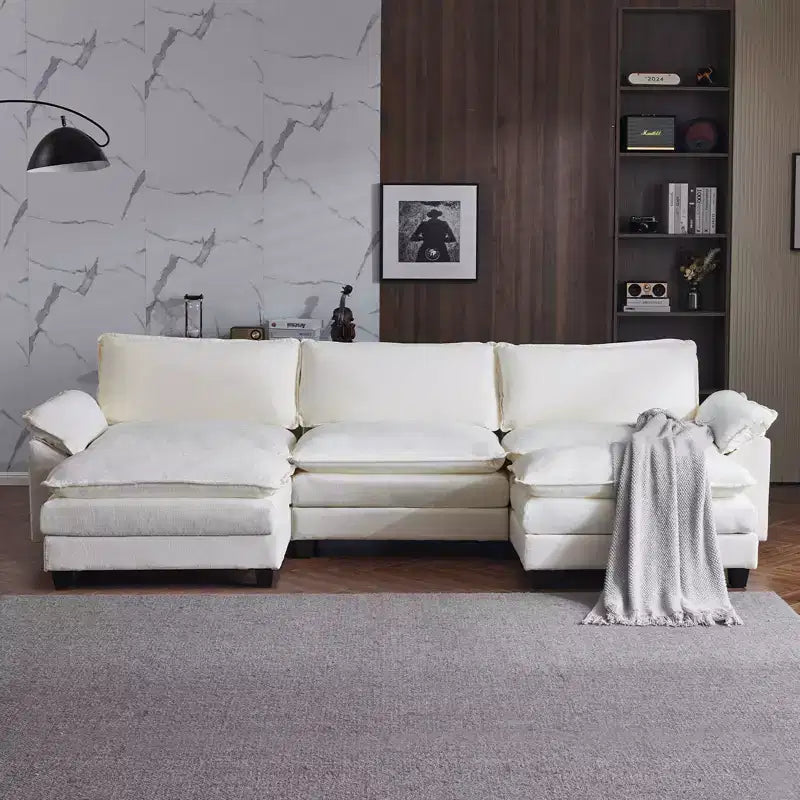 Karl Home |120 in. W Pillow Top Arm Double-layer Cushion Chenille Sofa in Blue With Ottoman