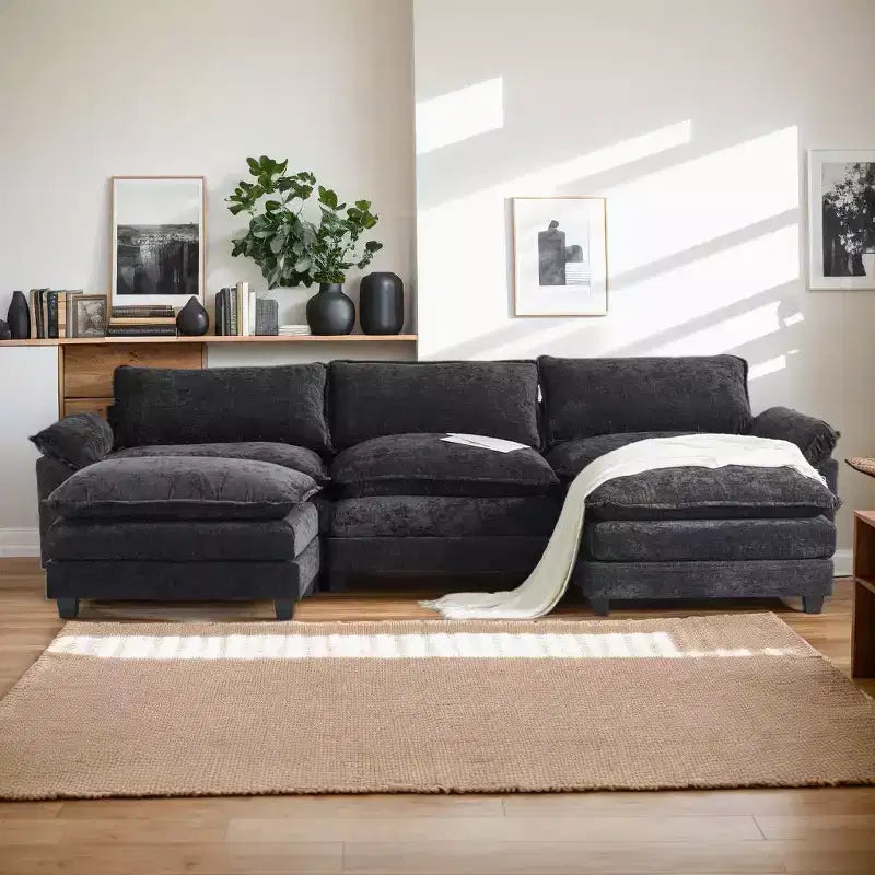 Karl Home |120 in. W Pillow Top Arm Double-layer Cushion Chenille Sofa in Blue With Ottoman