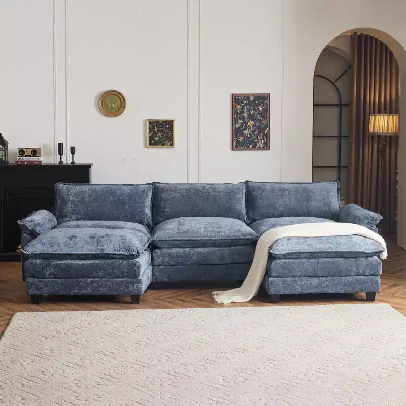 Karl Home |120 in. W Pillow Top Arm Double-layer Cushion Chenille Sofa in Blue With Ottoman