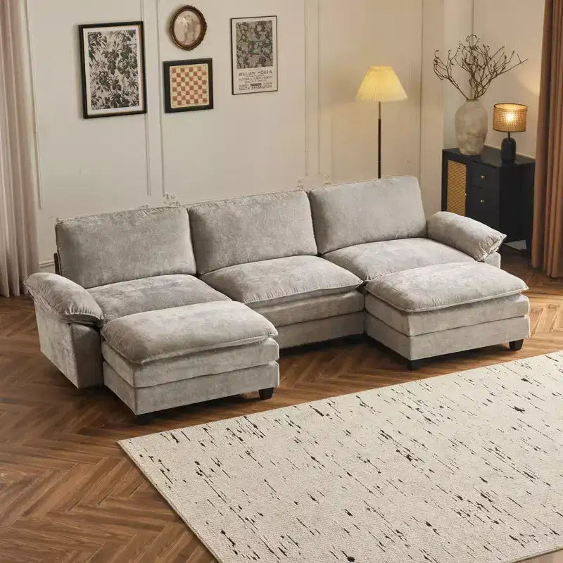 Karl Home |120 in. W Pillow Top Arm Double-layer Cushion Chenille Sofa in Blue With Ottoman