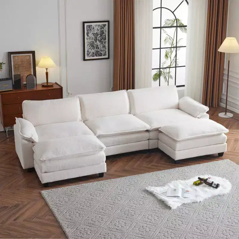 Karl Home |120 in. W Pillow Top Arm Double-layer Cushion Chenille Sofa in Blue With Ottoman