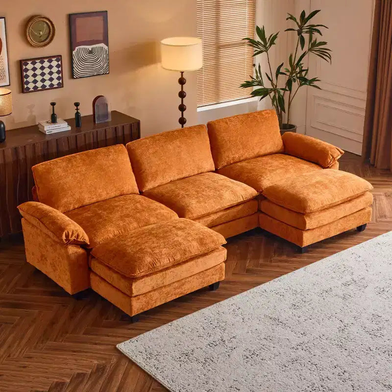 Karl Home |120 in. W Pillow Top Arm Double-layer Cushion Chenille Sofa in Blue With Ottoman