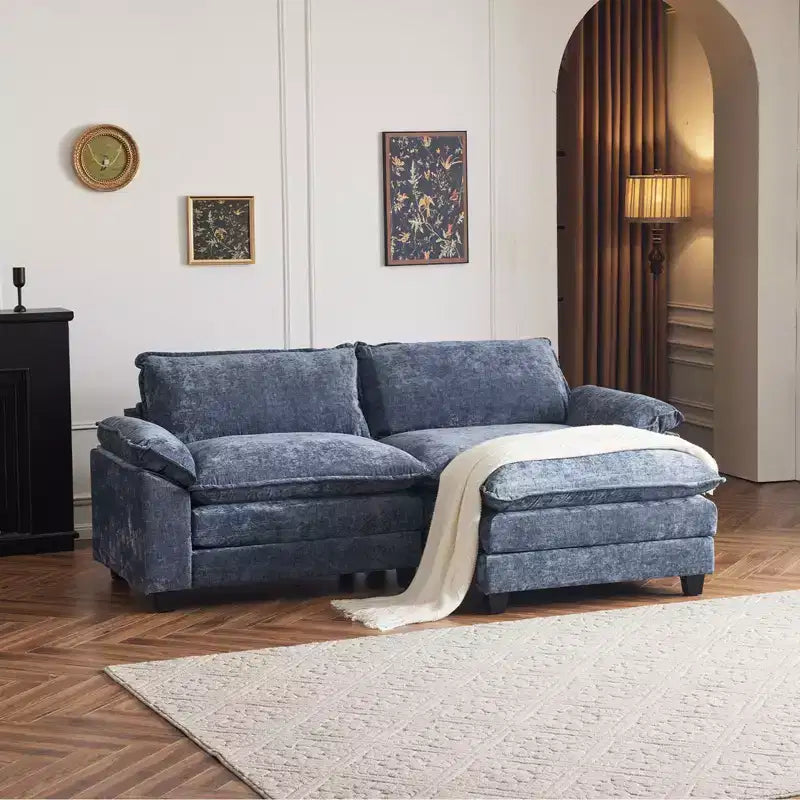 Karl Home |120 in. W Pillow Top Arm Double-layer Cushion Chenille Sofa in Black With Ottoman