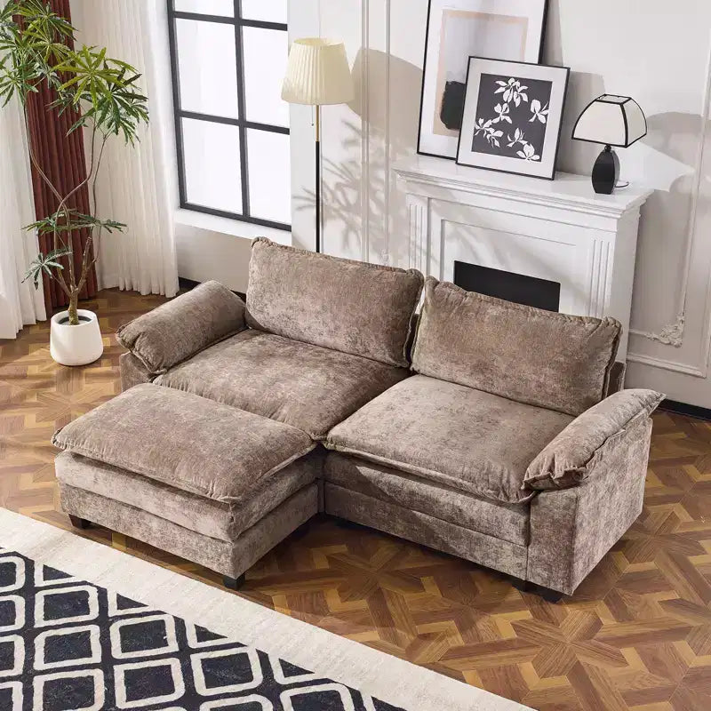 Karl Home |120 in. W Pillow Top Arm Double-layer Cushion Chenille Sofa in Black With Ottoman