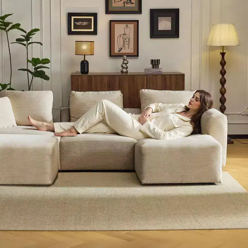 Karl Home | Canapé moderne en velours côtelé marron en forme de U avec accoudoirs carrés de 112 po de large et ottoman