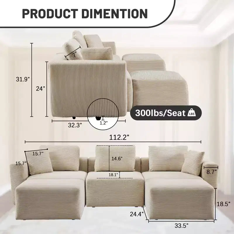 Karl Home | Canapé moderne en velours côtelé marron en forme de U avec accoudoirs carrés de 112 po de large et ottoman