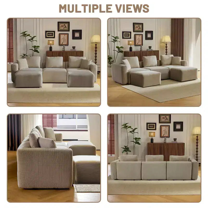 Karl Home | Canapé moderne en velours côtelé marron en forme de U avec accoudoirs carrés de 112 po de large et ottoman