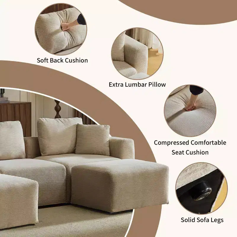 Karl Home | Canapé moderne en velours côtelé marron en forme de U avec accoudoirs carrés de 112 po de large et ottoman