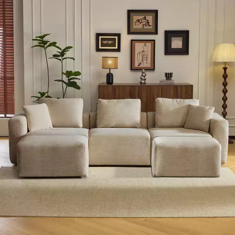 Karl Home |112 in. W Square Arm Corduroy U-shaped Modern Sofa in Brown with Ottoman
