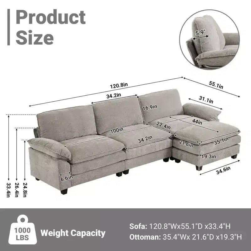 Karl Home |120 in. W Pillow Top Arm Double-layer Cushion Chenille Sofa in Brown With Ottoman