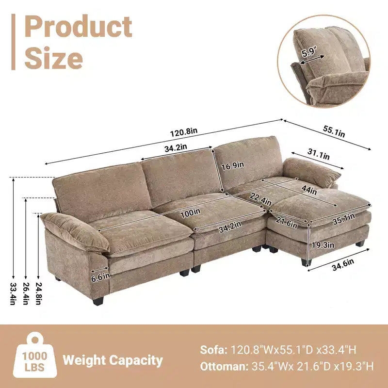 Karl Home |120 in. W Pillow Top Arm Double-layer Cushion Chenille Sofa in Brown With Ottoman