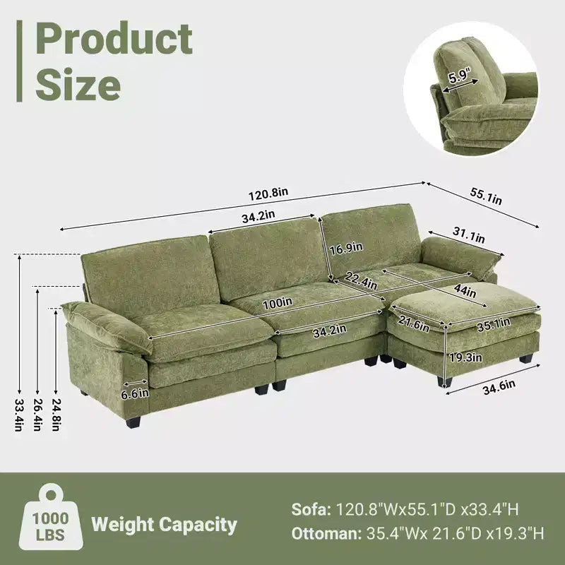 Karl Home |120 in. W Pillow Top Arm Double-layer Cushion Chenille Sofa in Brown With Ottoman