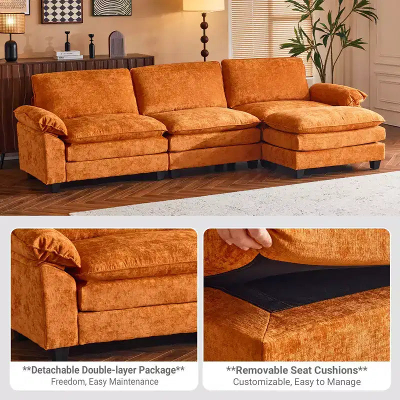 Karl Home |120 in. W Pillow Top Arm Double-layer Cushion Chenille Sofa in Brown With Ottoman