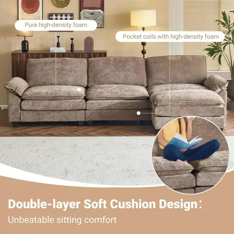 Karl Home |120 in. W Pillow Top Arm Double-layer Cushion Chenille Sofa in Brown With Ottoman