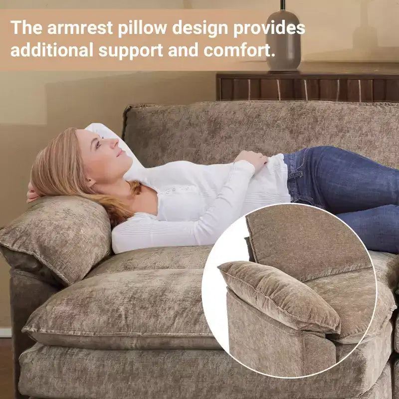 Karl Home |120 in. W Pillow Top Arm Double-layer Cushion Chenille Sofa in Brown With Ottoman