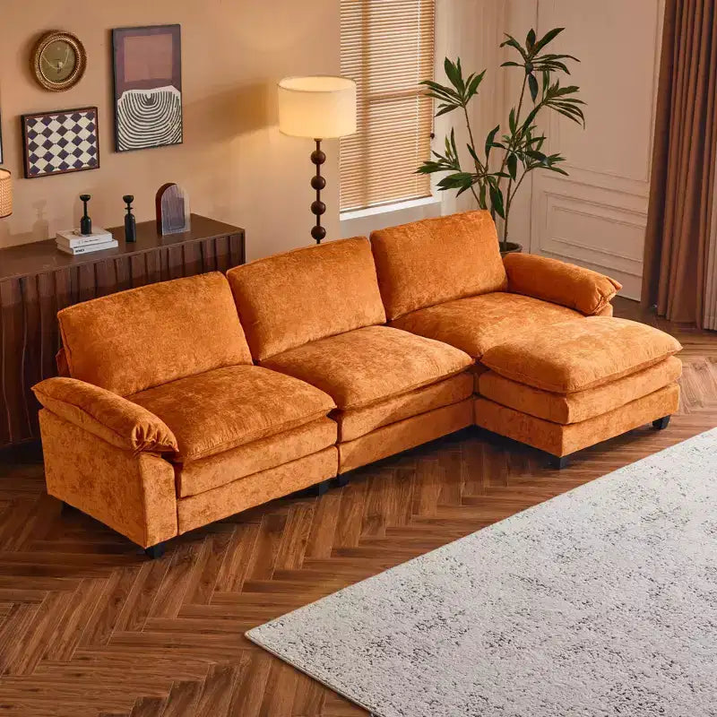 Karl Home |120 in. W Pillow Top Arm Double-layer Cushion Chenille Sofa in Brown With Ottoman