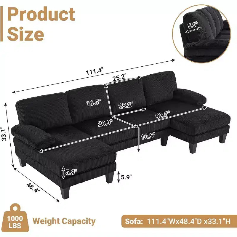 Karl Home | Causeuses d'angle en velours côtelé beiges en forme de U 3 places de 111,2 po (L) avec accoudoirs rembourrés