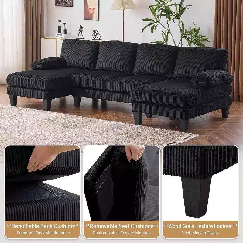 Karl Home | Causeuses d'angle en velours côtelé beiges en forme de U 3 places de 111,2 po (L) avec accoudoirs rembourrés