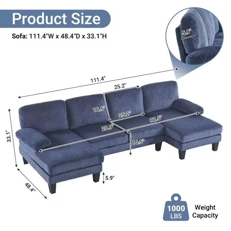 Karl Home | Causeuses d'angle en velours côtelé beiges en forme de U 3 places de 111,2 po (L) avec accoudoirs rembourrés