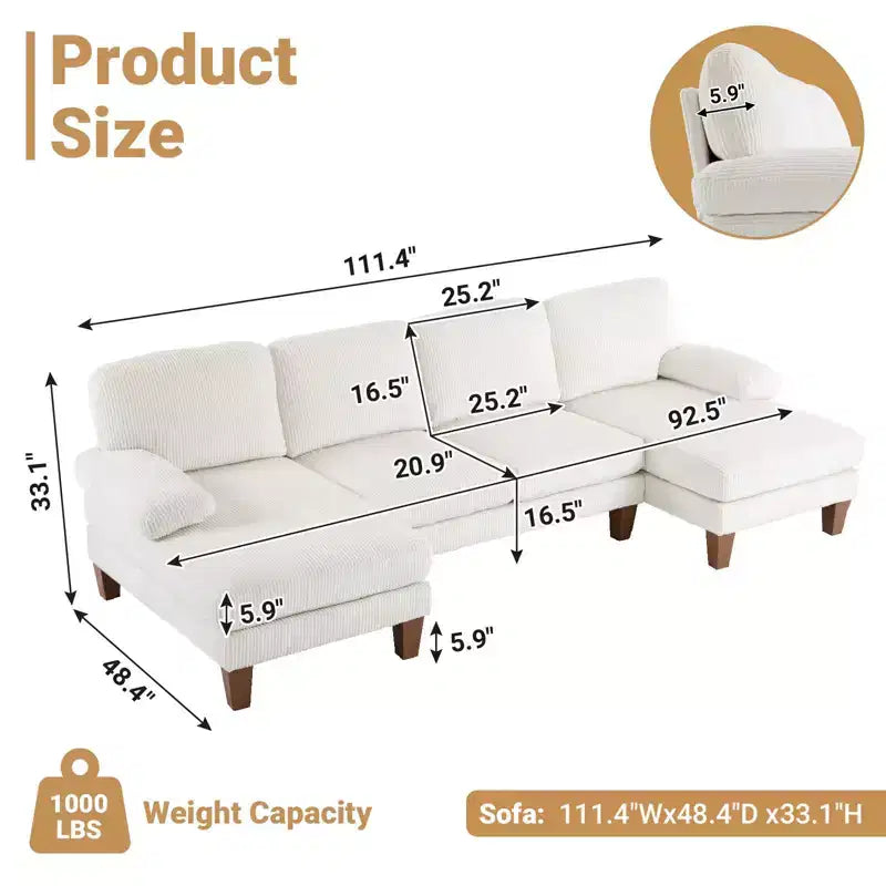 Karl Home | Causeuses d'angle en velours côtelé beiges en forme de U 3 places de 111,2 po (L) avec accoudoirs rembourrés