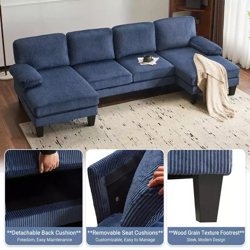Karl Home | Causeuses d'angle en velours côtelé beiges en forme de U 3 places de 111,2 po (L) avec accoudoirs rembourrés