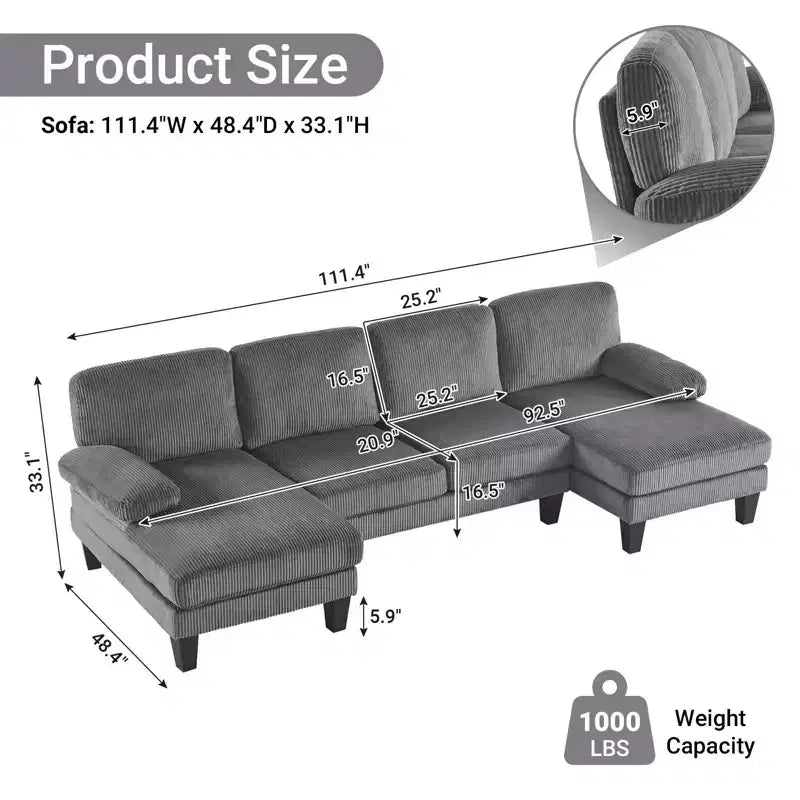 Karl Home | Causeuses d'angle en velours côtelé beiges en forme de U 3 places de 111,2 po (L) avec accoudoirs rembourrés