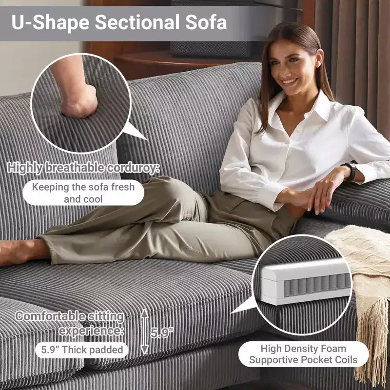 Karl Home | Causeuses d'angle en velours côtelé beiges en forme de U 3 places de 111,2 po (L) avec accoudoirs rembourrés