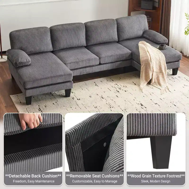 Karl Home | Causeuses d'angle en velours côtelé beiges en forme de U 3 places de 111,2 po (L) avec accoudoirs rembourrés