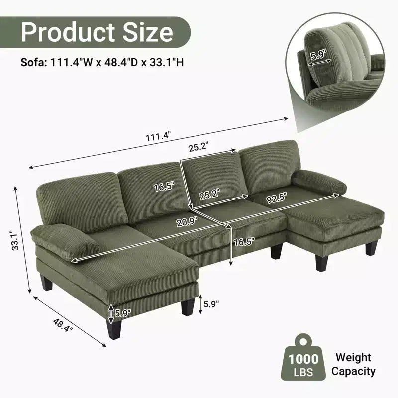 Karl Home | Causeuses d'angle en velours côtelé beiges en forme de U 3 places de 111,2 po (L) avec accoudoirs rembourrés