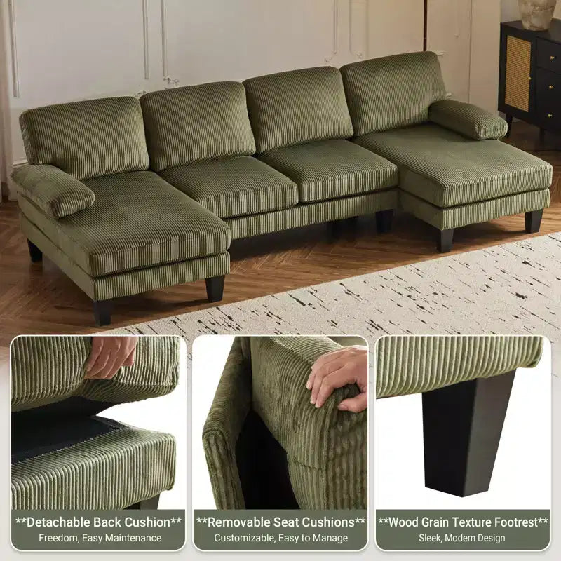 Karl Home | Causeuses d'angle en velours côtelé beiges en forme de U 3 places de 111,2 po (L) avec accoudoirs rembourrés