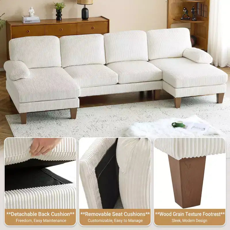 Karl Home | Causeuses d'angle en velours côtelé beiges en forme de U 3 places de 111,2 po (L) avec accoudoirs rembourrés