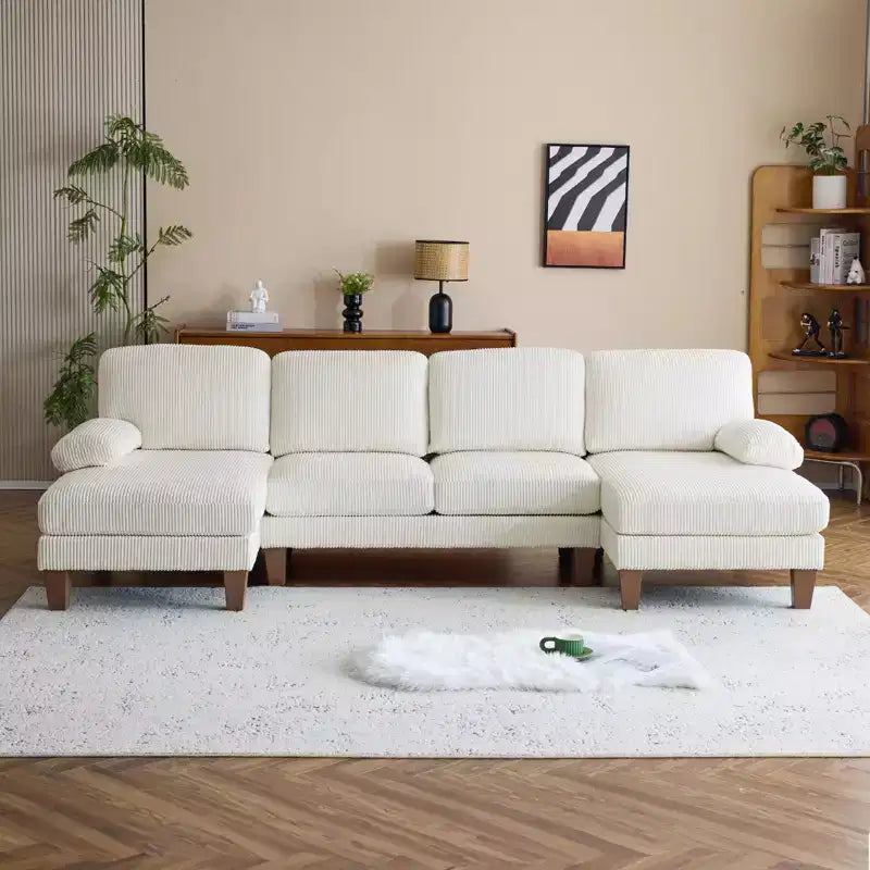 Karl Home |111.2 in. W Pillow Top Arm 3-Piece U-shaped Corduroy Sectionals in Beige