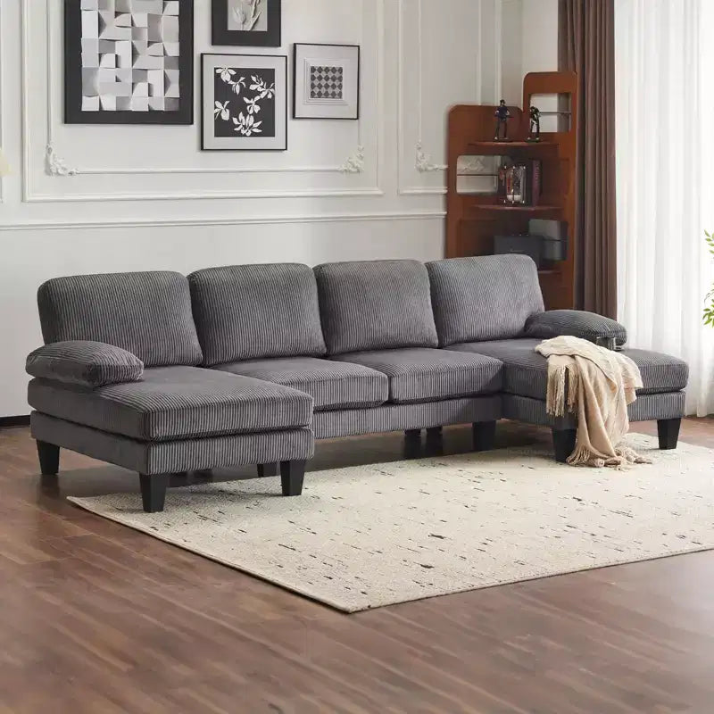 Karl Home |111.2 in. W Pillow Top Arm 3-Piece U-shaped Corduroy Sectionals in Beige