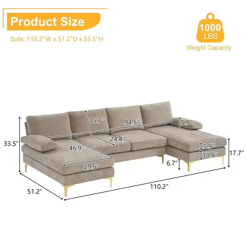 Karl Home |110 in. W Pillow Top Arm 3-Piece U-shaped Chenille Sectionals in Beige