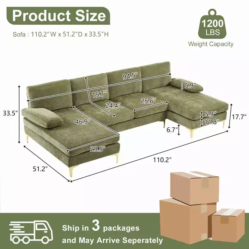 Karl Home |110 in. W Pillow Top Arm 3-Piece U-shaped Chenille Sectionals in Beige